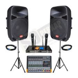 PAKET SOUND SISTEM AKTIF (1 SET SPEAKER, 1 SET MIXER, 1 SET WIRELESS MIC, 1 SET STAND SPEAKER)