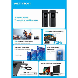 Vention Wireless HDMI Transmitter Receiver Full HD 1080P Tanpa Kabel Plug & Play 5GHz 50 Meter - ADK