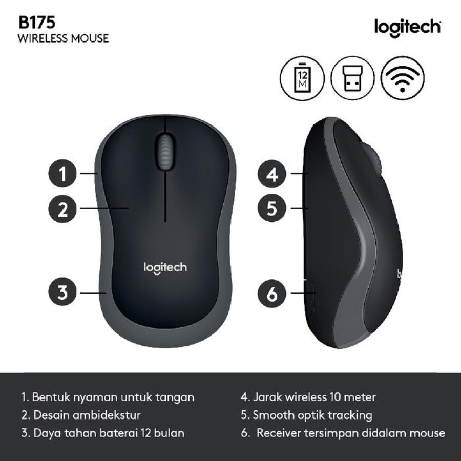 Mouse Nirkabel Logitech B175 - depan