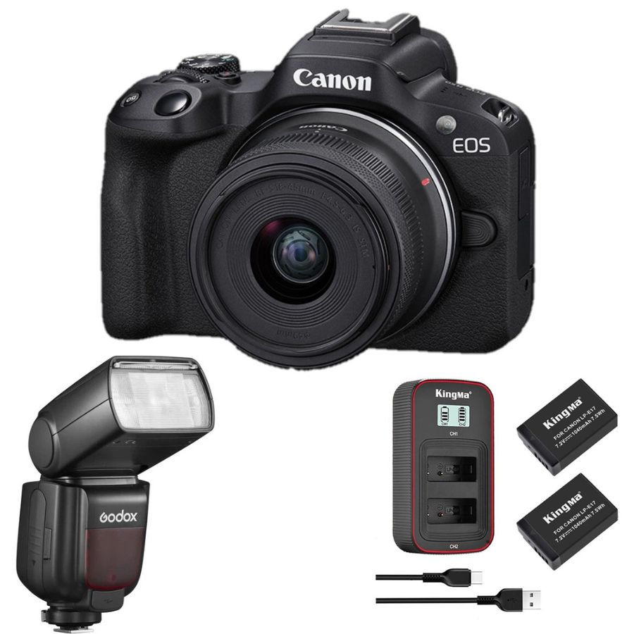 Kamera Mirrorless Canon EOS R50 with 18-45mm Lens + Flash & Battery Pack