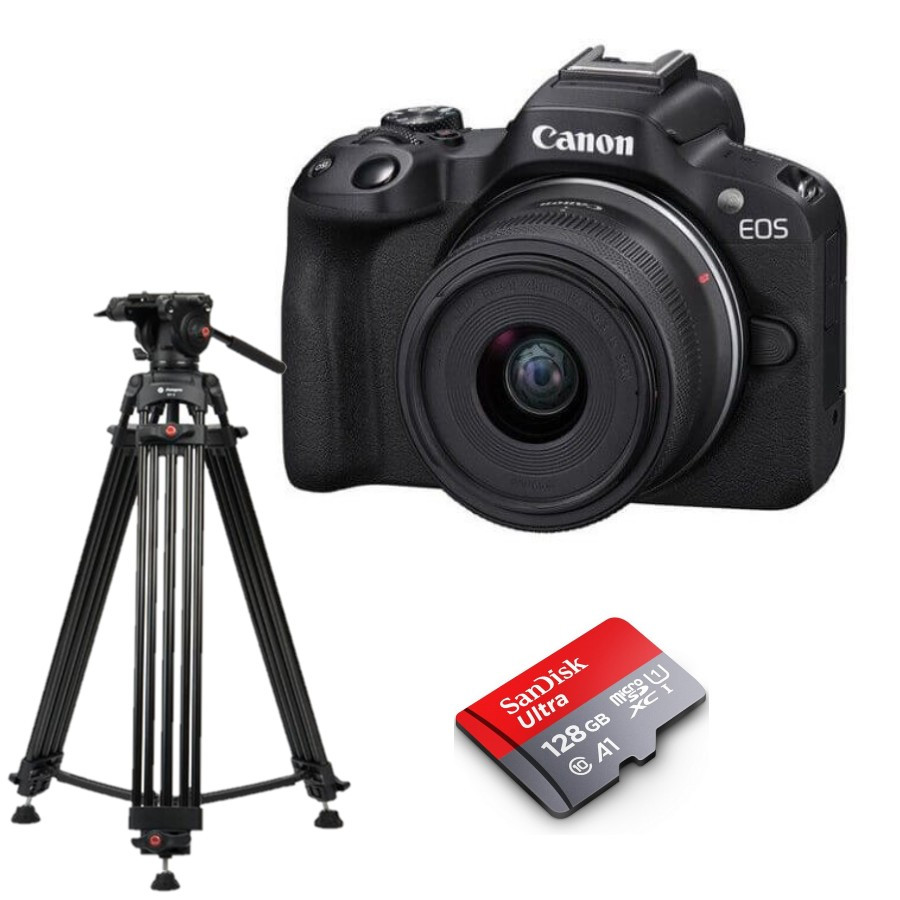 Kamera Mirrorless Canon EOS R50 with 18-45mm Lens + Tripod Fotopro DV2 + MIcro SD