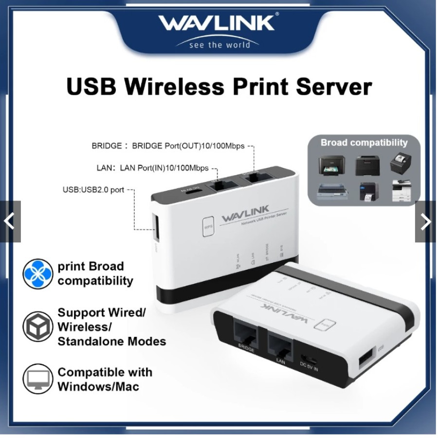 WAVLINK printer server USB WiFi RAW 2 Port LAN 100Mbps