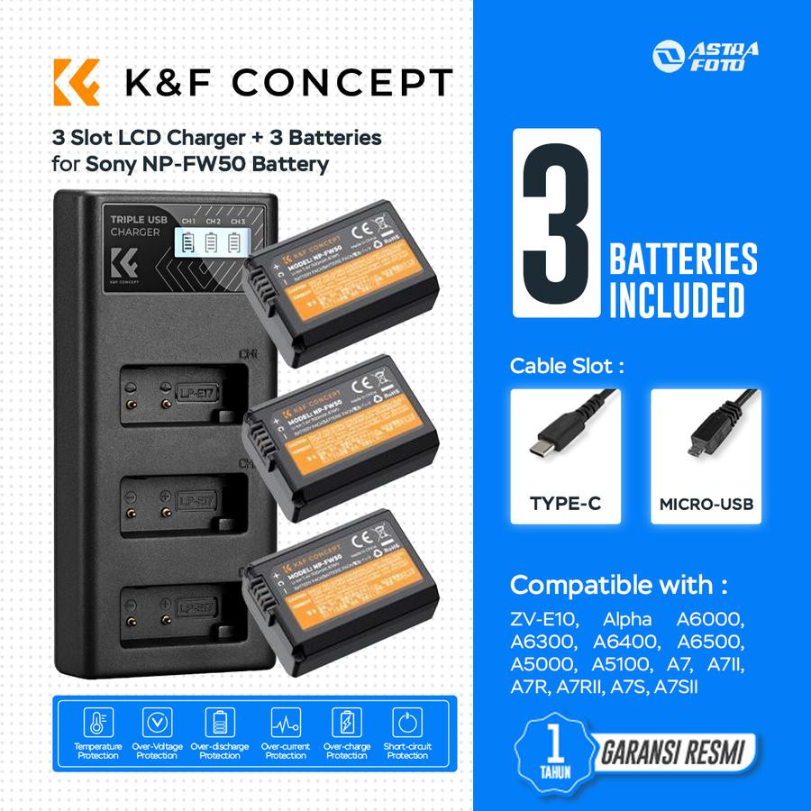 KNF K&F Concept Battery Sony NP-FW50 3PCS + Triple Slot Charger NPFW50 Baterai For Sony A6400 A6000