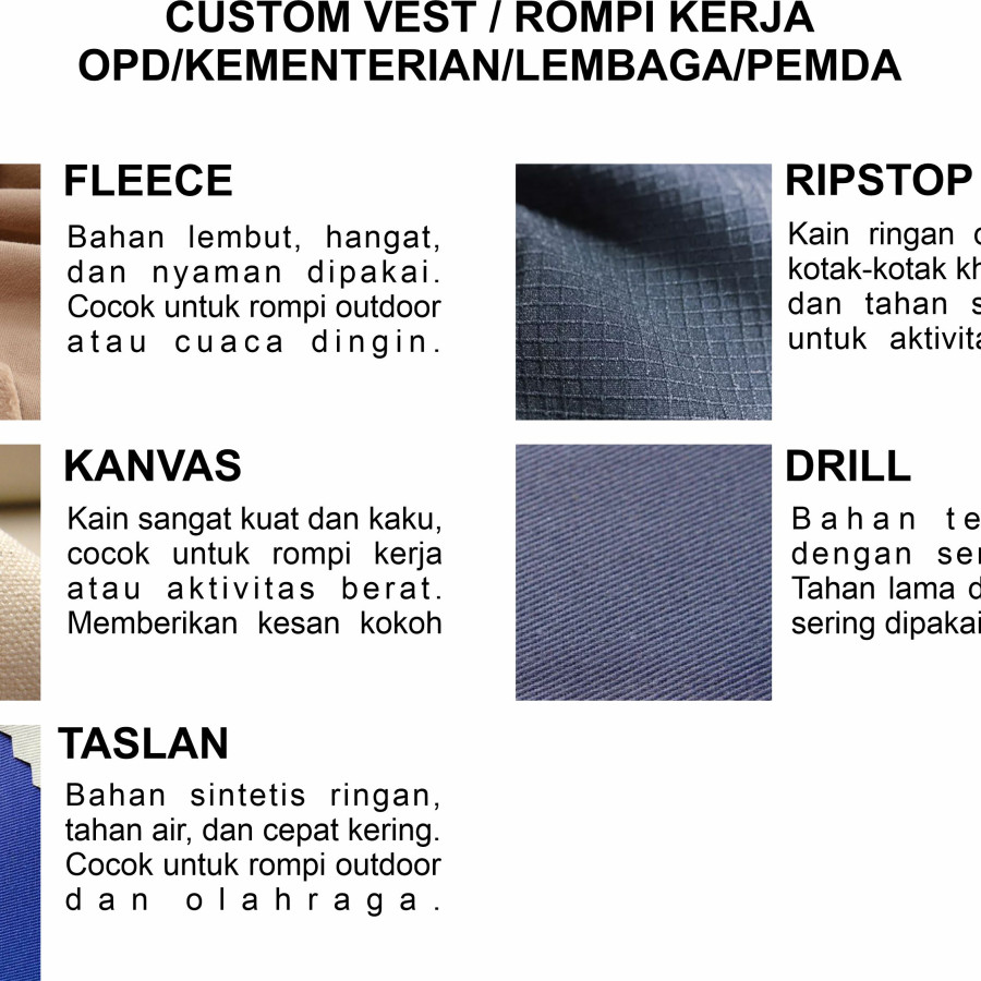 CUSTOM VEST / ROMPI KERJA / LAPANGAN OPD/KEMENTERIAN/LEMBAGA/PEMDA - depan