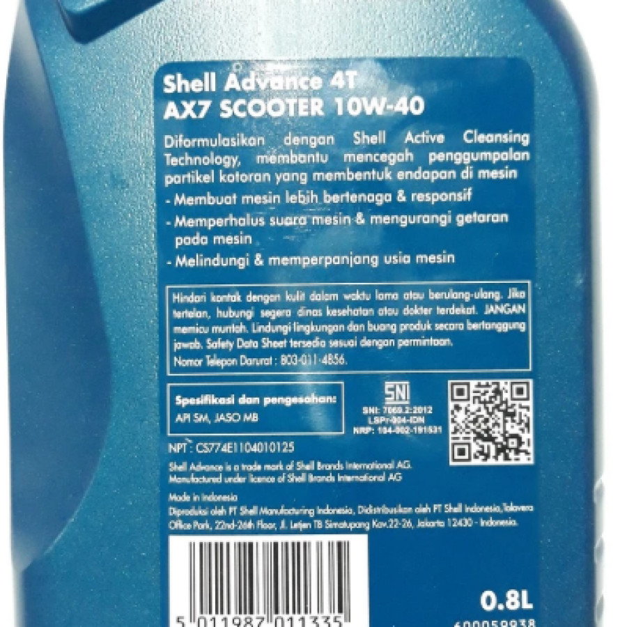 OLI SHELL ADVANCE 4T AX7 SYNTHETIC BASED  0.8 LITER - depan