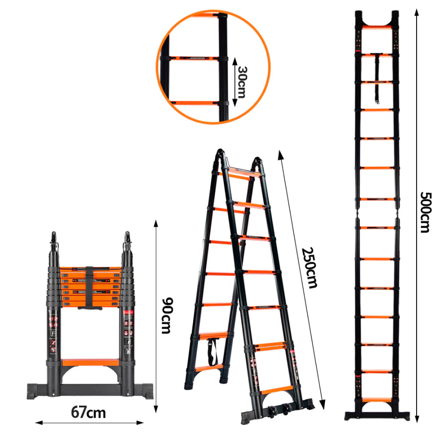 Tangga Teleskopik (2.5+2.5) 5M Aluminium Double Telescopic Ladder Merk MLHY - depan