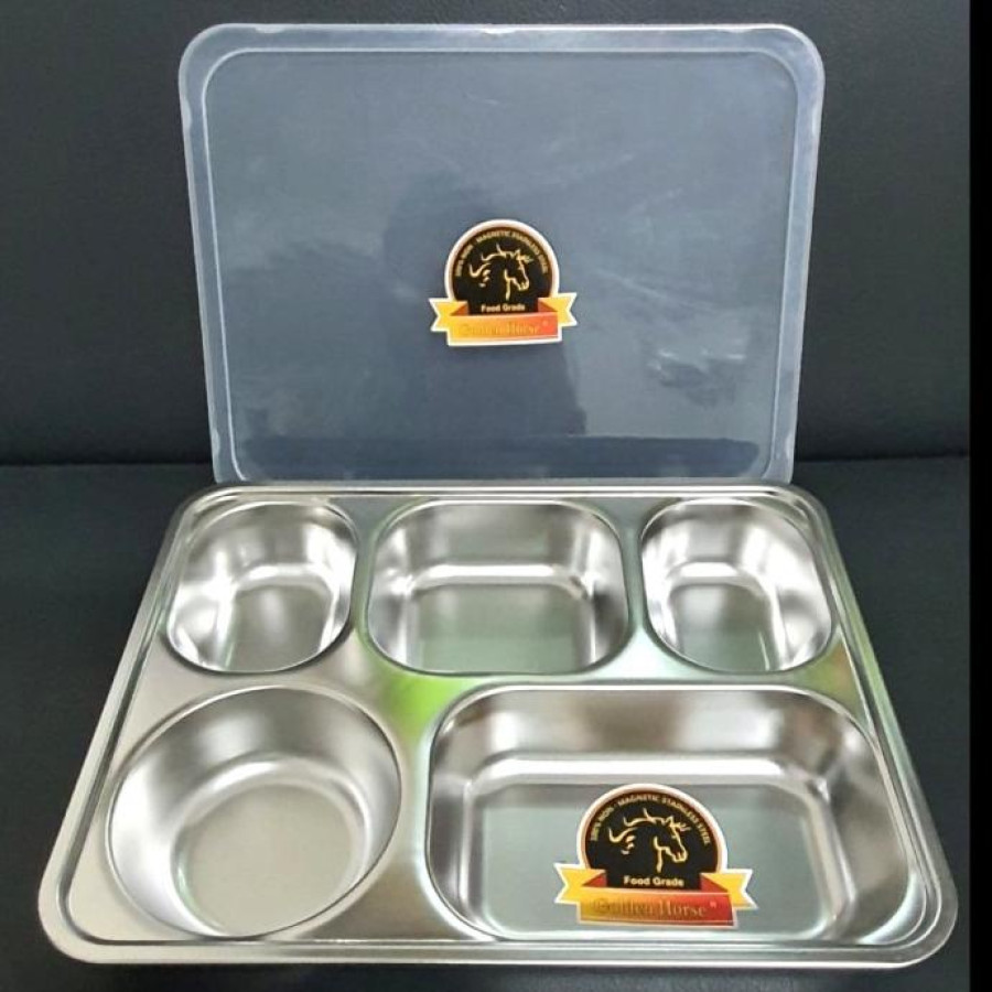 PLATO / FOOD TRAY / TEMPAT MAKAN SEKAT 5 STAINLESS + TUTUP PLASTIK