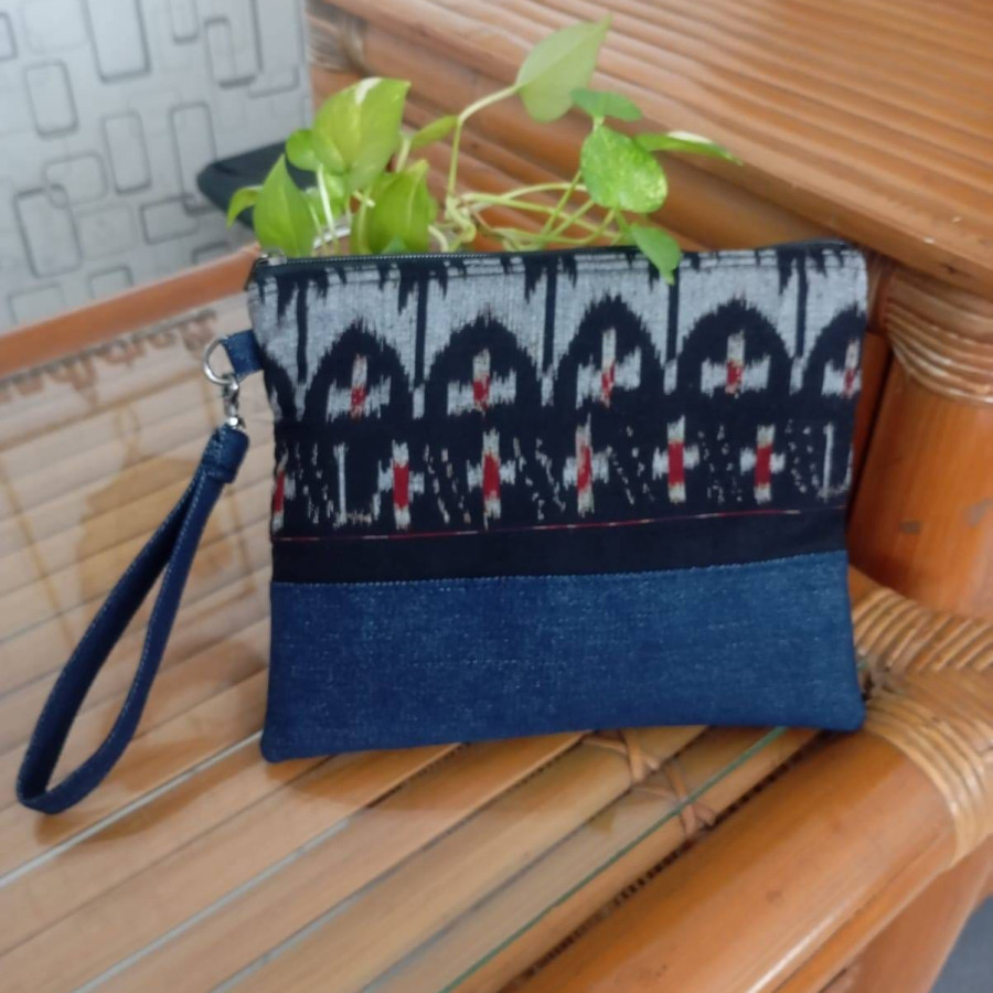Pouch Handbag Premium kain jeans kombinasi kain Songket - utama
