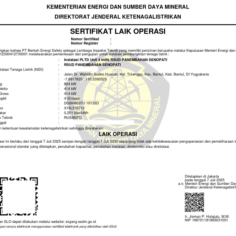 SERTIFIKAT LAIK OPERASI (SLO) PLTD & NIDI DAYA 660 KVA - depan
