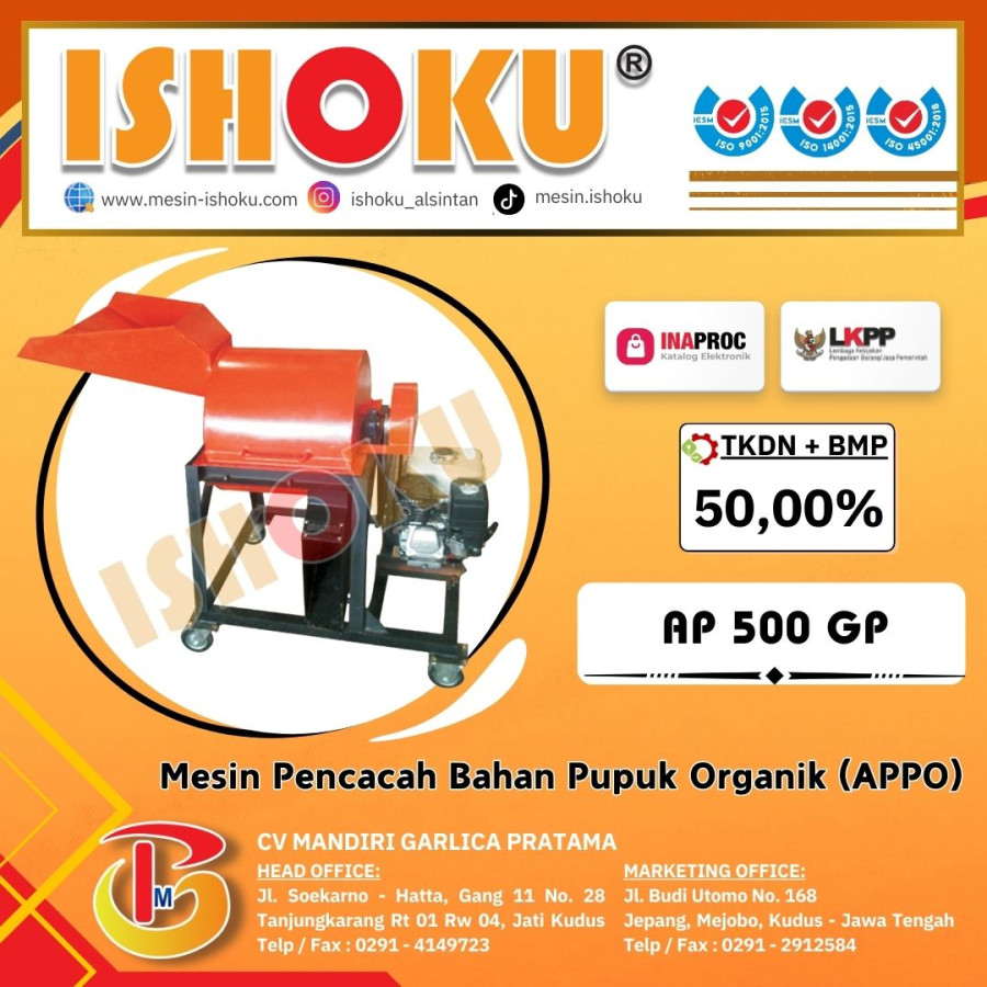 Alat Penghancur bahan Pupuk Organik (APPO) merk ISHOKU tipe AP 500 GP