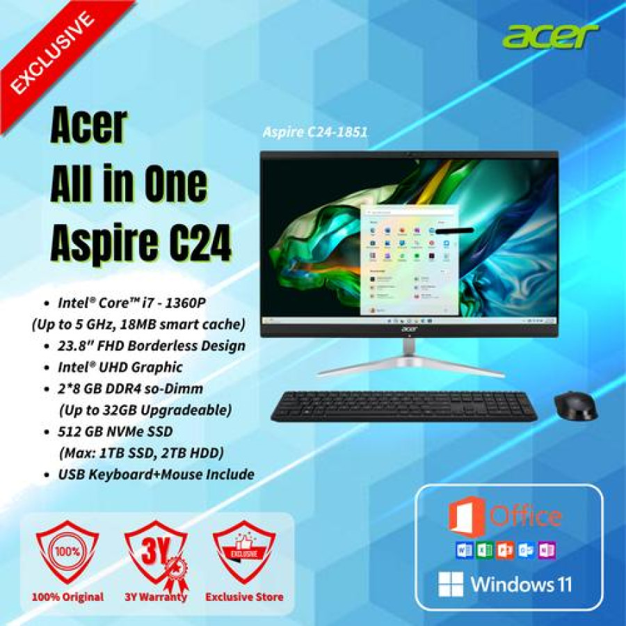 Acer AIO C24-1851 Core i7 1360P 16GB 512GB W11+OHS | 23.8" FHD - utama