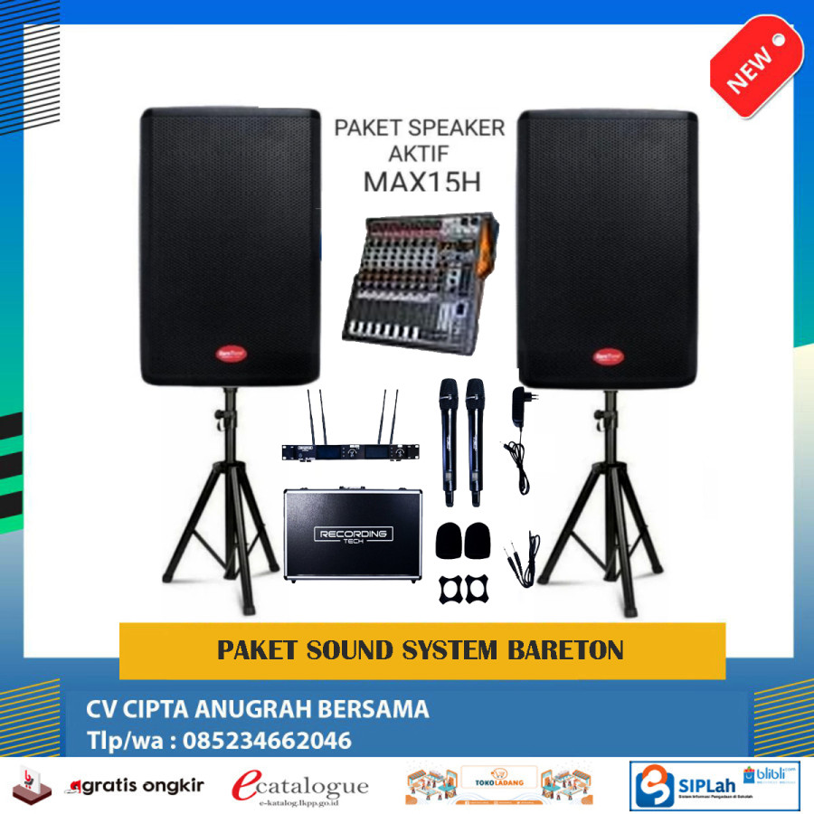 Paket Sound System  Bareton max15H ,Stand ,mixer ,mic werelles - depan