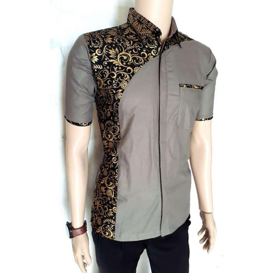(1 Stel) Kemeja Seragam Motif Batik - Abu-abu & Celana Kain - Hitam - utama