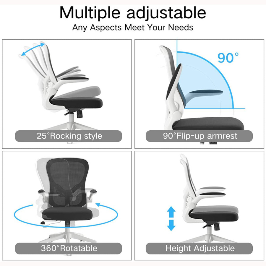 Kursi Kantor Mesh Ergonomic Office Chair Flip-up Arms - HDNY163WM - Black White - samping
