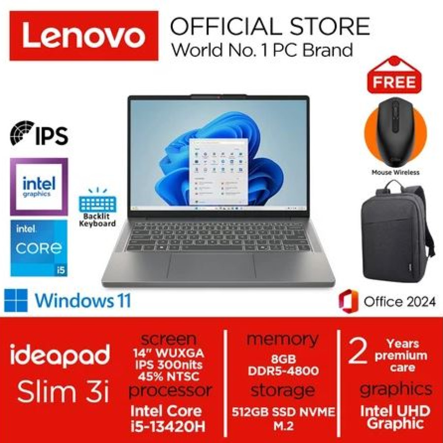 Lenovo Ideapad Slim 3i i5-13420H 512GB SSD 8GB WUXGA IPS Win11+OHS - utama