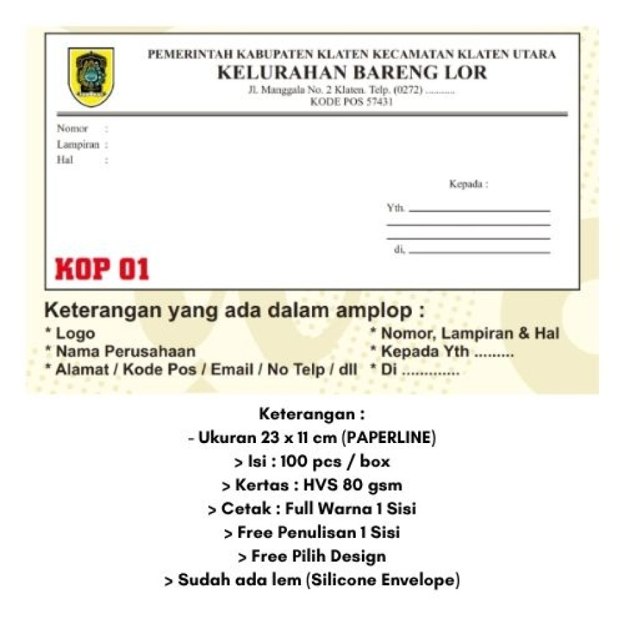Cetak Kop Amplop Surat Menyurat Kantor dan Instansi Ukuran 23X11