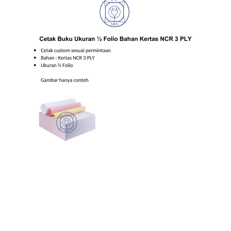 Cetak Buku Ukuran ½ Folio Bahan Kertas NCR 3 PLY