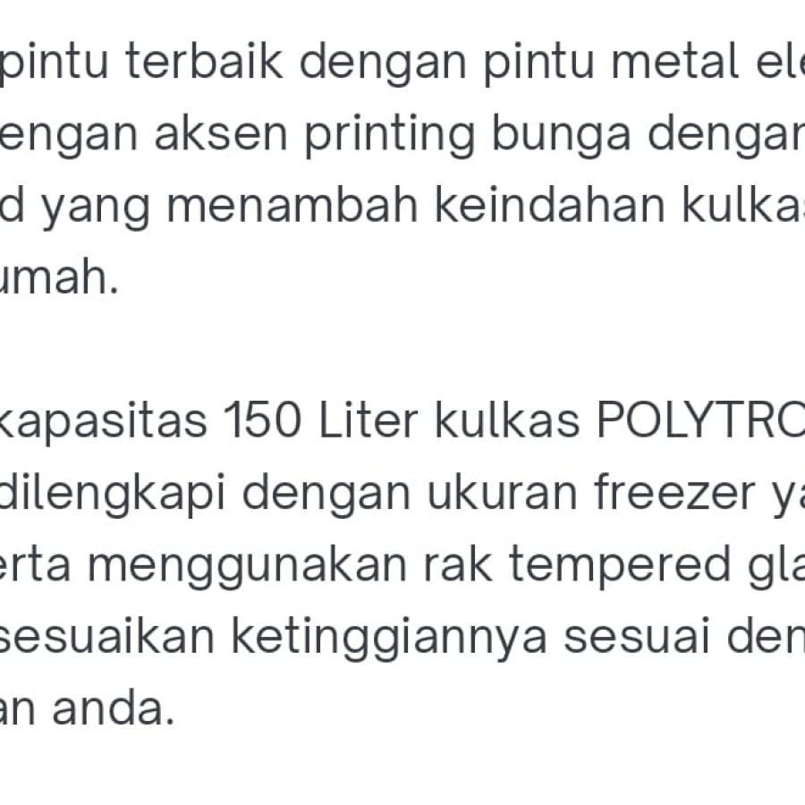 Lemari Es fridge 1 pintu Uk. 150 Liter merk Polytron - detail