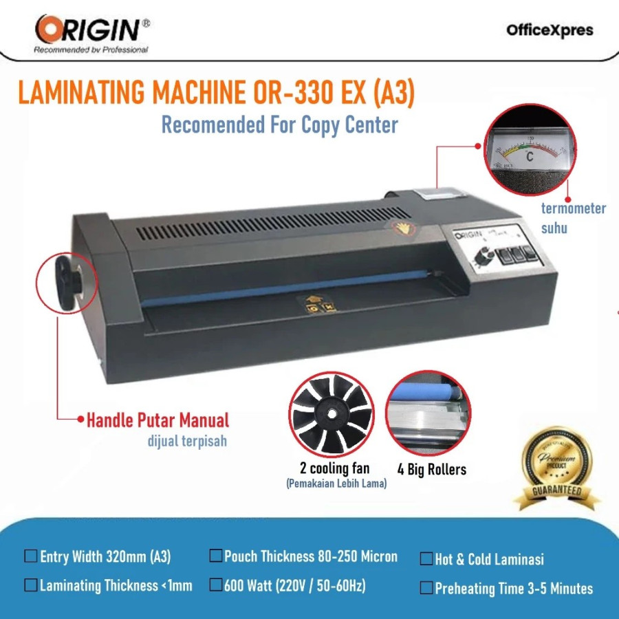 ORIGIN Mesin Laminating 330mm / Laminating Machine 33cm (A3) / Alat Laminating OR-330EX / Mesin Laminating Body Besi 4 Roller - depan