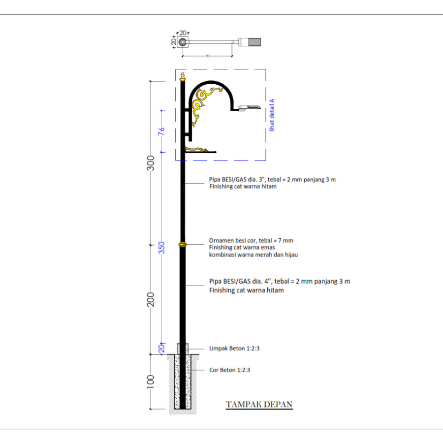 Tiang Lampu PJU semi klasik PIPA BESI/GAS tinggi 5m (panjang 6m)