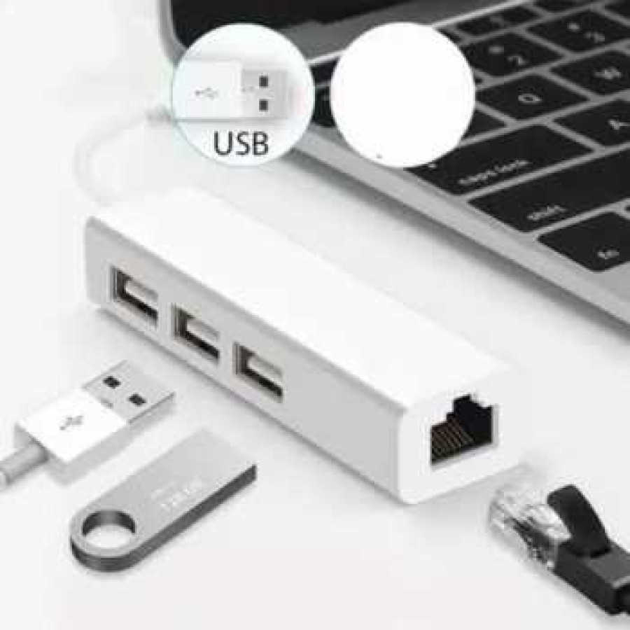 USB to LAN Ethernet External Network Card with USB Hub - DJLH-3100 - White - utama