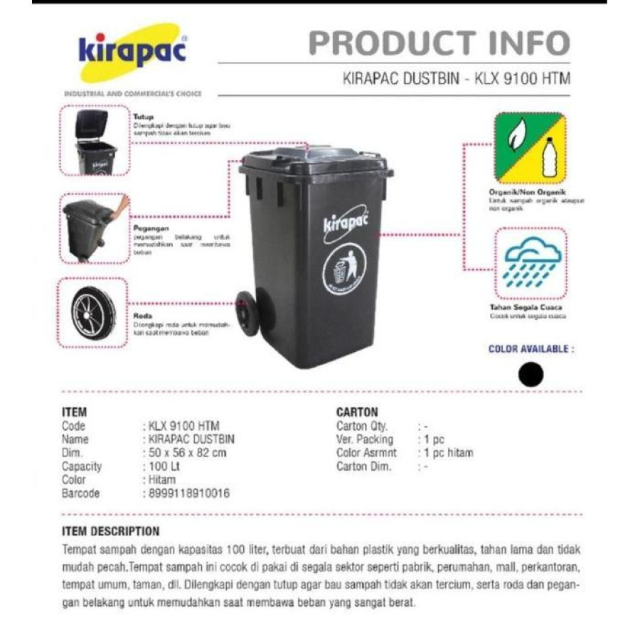 Tempat sampah / dust bin + roda 100 Lt Hitam KIRAPAC KLX9100 - Hitam - samping