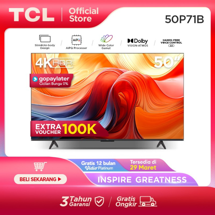 TCL 50P71B - 50 inch Google TV-4K UHD-HDR 10+-Dolby Audio-UniBody - utama