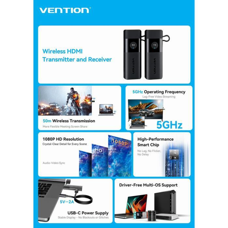 Vention Wireless HDMI Transmitter Receiver Full HD 1080P Tanpa Kabel Plug & Play 5GHz 50 Meter - ADK