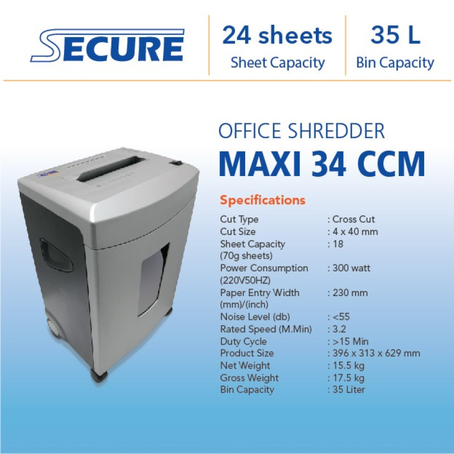 SECURE MAXI 34 CCM CROSS CUT Mesin Penghancur Kertas Paper Shredder 34ccm