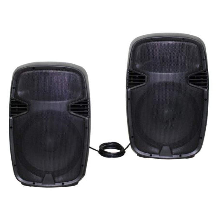 Speaker aktif, 2pcs speaker portable, 2pcs stand speaker, 1pcs kabel connector, 1pcs kabel listrik 1 pcs mic kabel