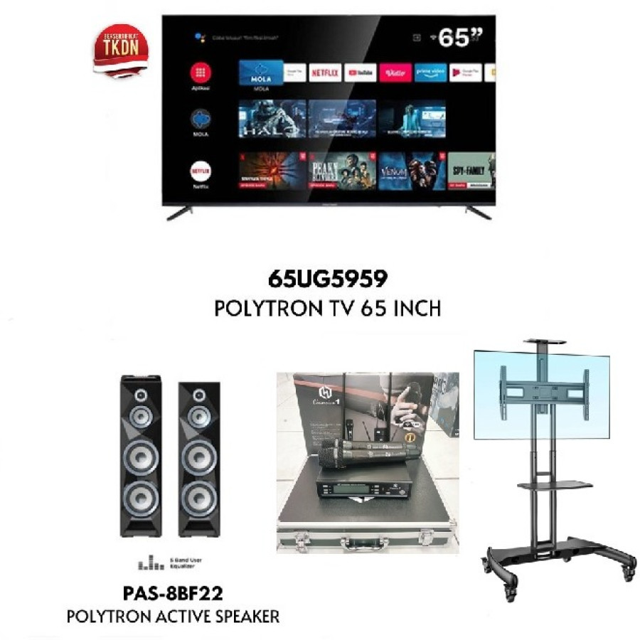 Paket SMART TV Polytron 65in 65UG5959, Bracket TV Standing, Microphone Wireless Champion-1, Speaker Polytron 8BF22