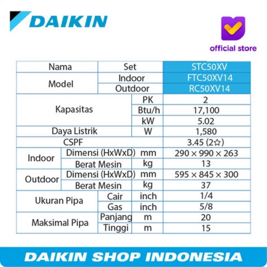AC DAIKIN 2 PK XV 50 THAILAND + INSTALASI - samping