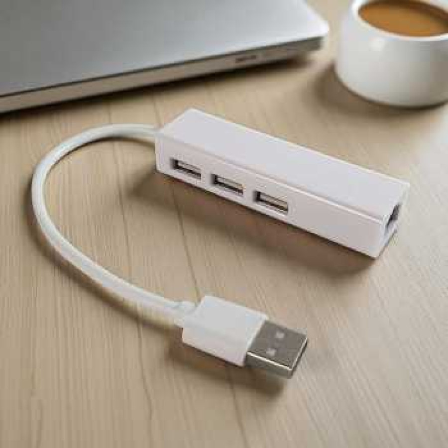 USB to LAN Ethernet External Network Card with USB Hub - DJLH-3100 - White - depan