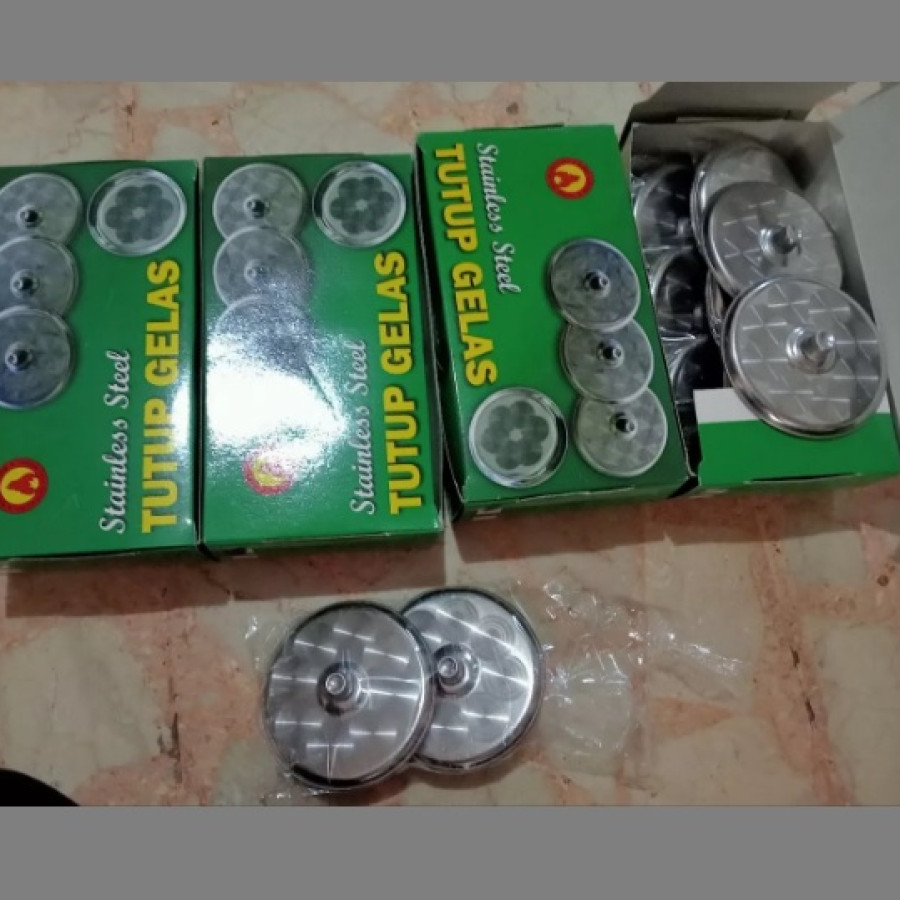 Tutup Gelas Stainles, tutup dan tatakan Stailess Stel A - samping