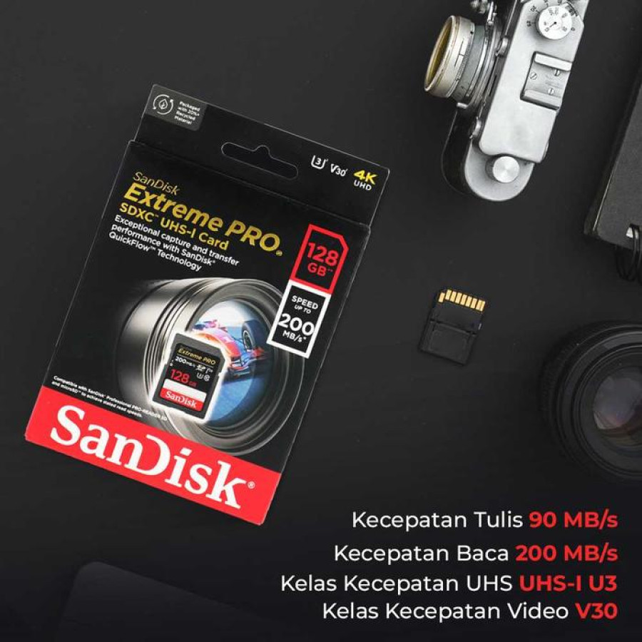 SD Card Sandisk SDXC Extreme Pro 128GB up to 200Mbps - depan