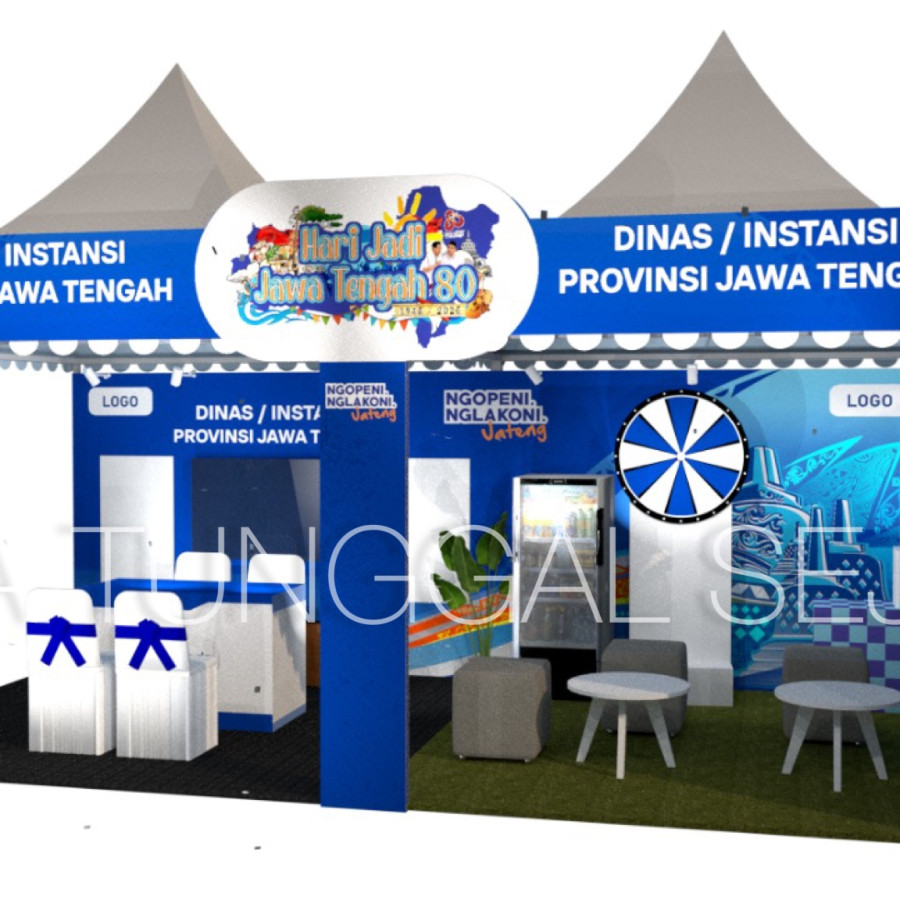 DEKORASI STAND PAMERAN UNT 2 TENDA SARNAFILE UKURAN @3X3 LENGKAP AKSESORIS - depan