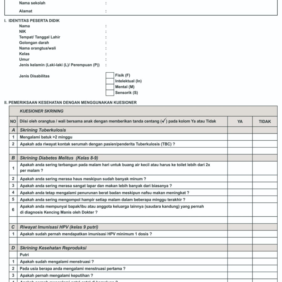 Cetak Form Sekrening Kesehatan Anak Usia Sekolah   (SMP/MTs) - utama