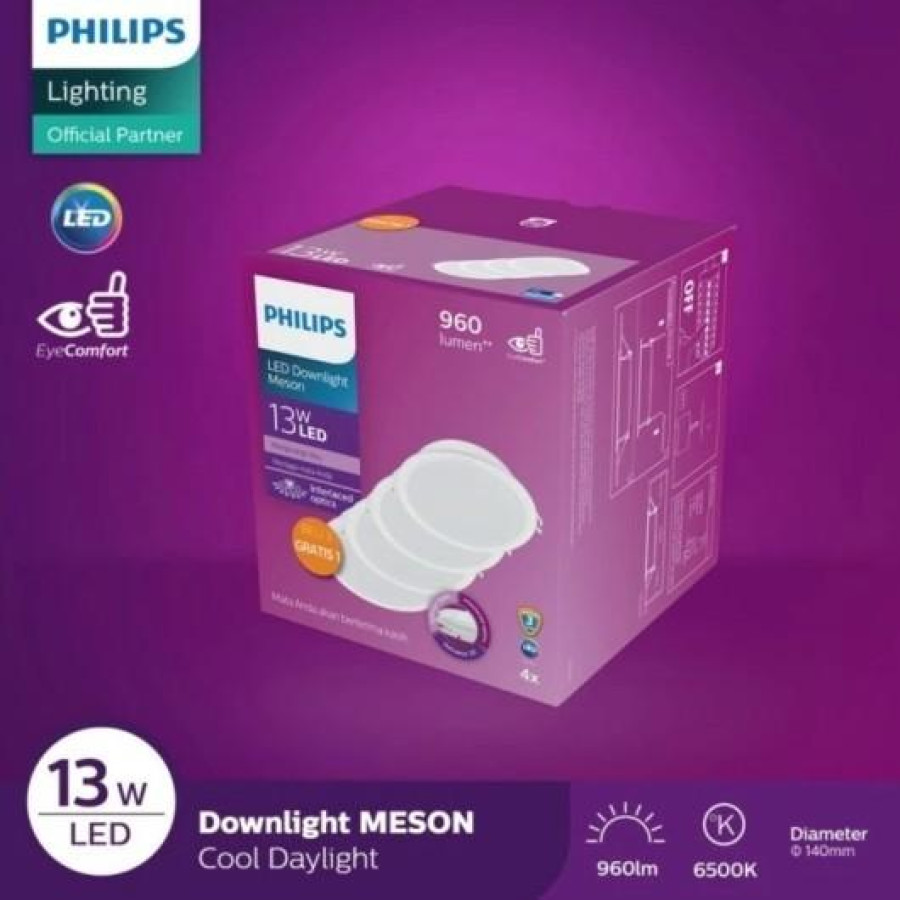 Lampu meson 13W multypack 3 gratis 1 Philips Downlight - utama