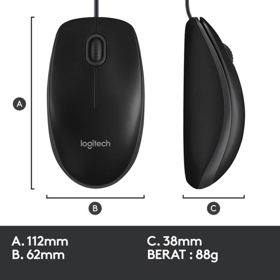 Logitech B100 Mouse Kabel USB Optical untuk Computer/ Komputer - detail