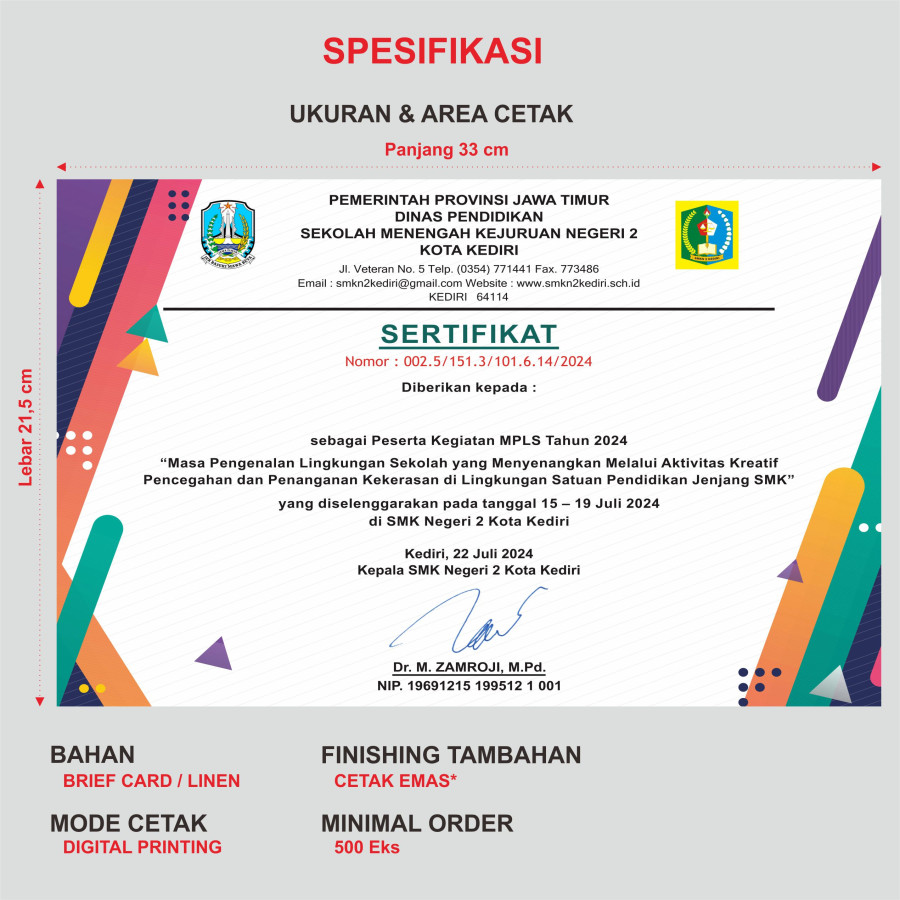 CETAK SERTIFIKAT PIAGAM FULL COLOUR CUSTOM