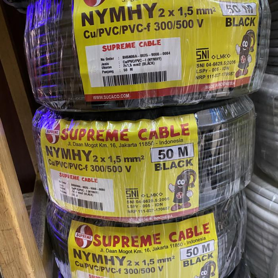 Kabel NYMHY atau NYYHY 2x1.5 mm Hitam Serabut Supreme 50mtr