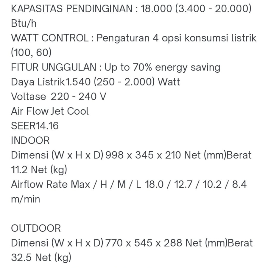 AC split kap 2 PK merk LG type T19EV4 - detail