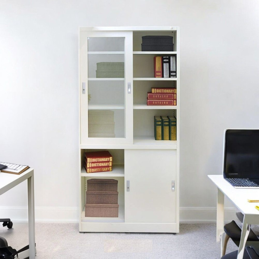 Lemari Arsip Kantor Metal Pintu Kaca Geser - Putih