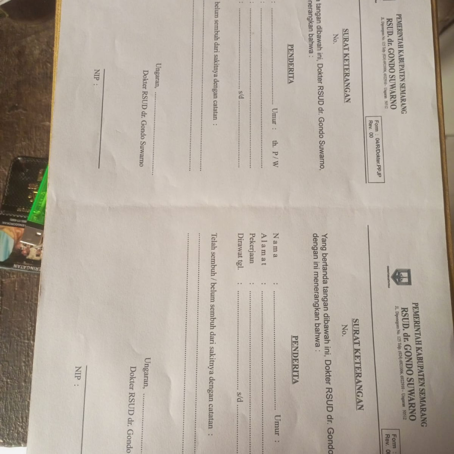 Surat Keterangan Opnam RSUD Gondo Suwarno