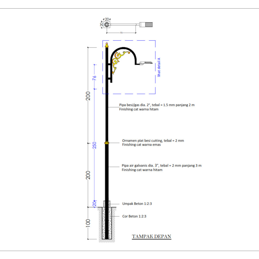 Tiang Lampu PJU semi klasik PIPA BESI tinggi 4m (panjang 5m)