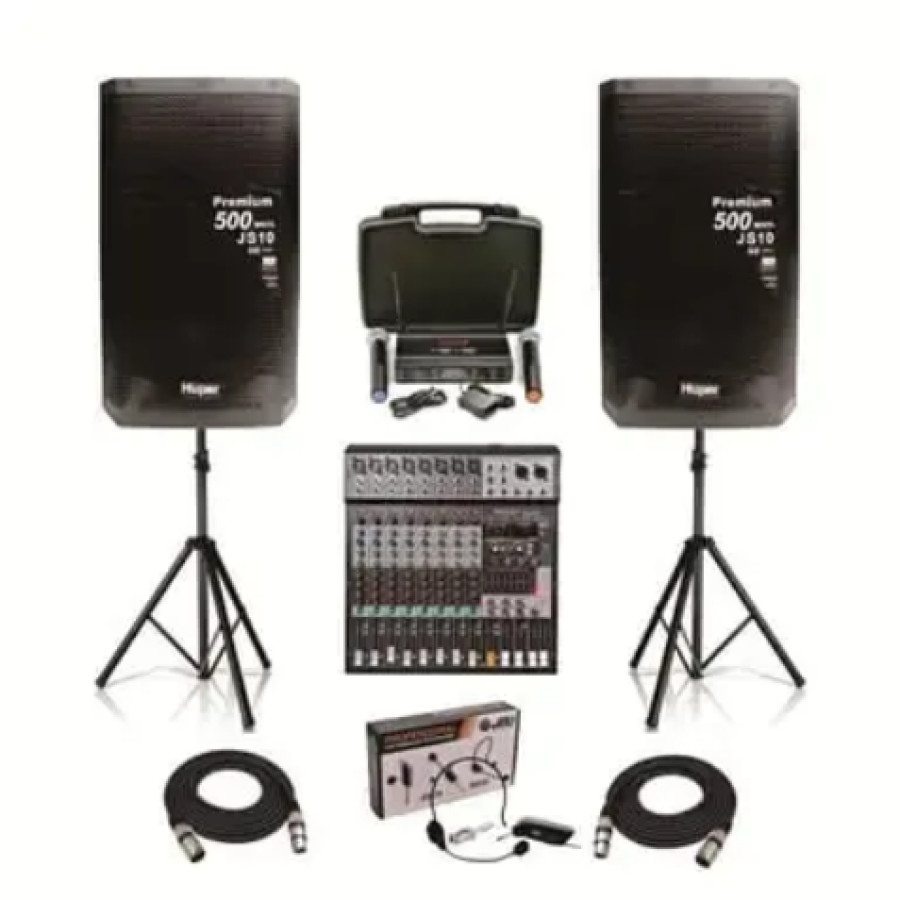 HUPER Paket Speaker Aktif 15 Inch JS10 (Include Dual Microphone Wireless, Clip On dan Mixer)