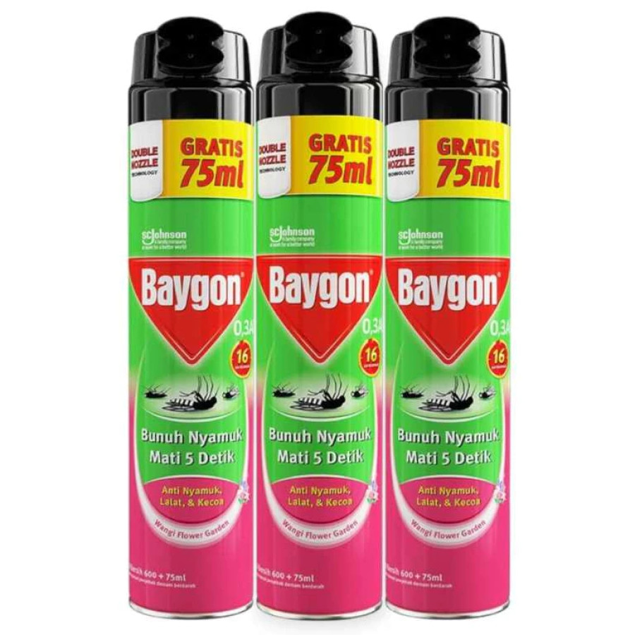 Baygon Spray Aerosol Flower Garden Anti Nyamuk Kecoa dan Serangga - Netto 600ml+75ml - depan