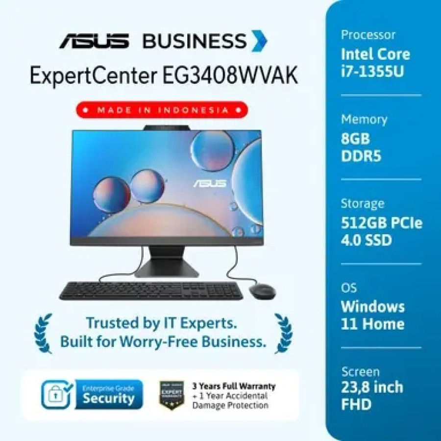 ASUS ExpertCenter EG3408WVAK-BPC785W I7-1355U/8G/512G PCIe/23.8" FHD/ Win11 Home/3Y