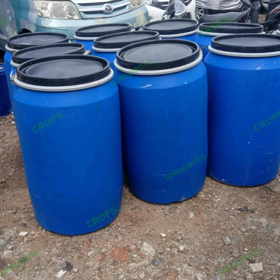 DRUM HDPE BIRU 200 LITER - (Tong + Tutup + Klem Besi) - depan