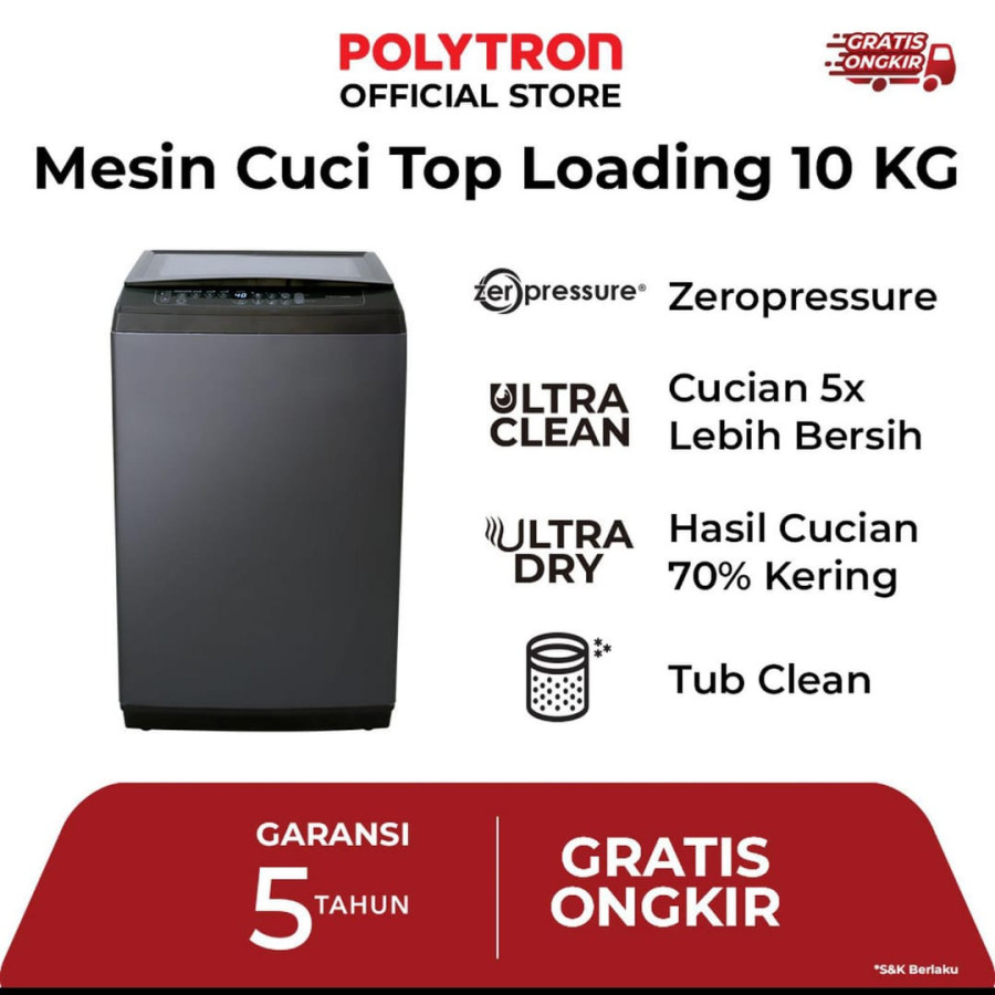 Mesin cuci top loading 10 Kg merk Polytron - samping
